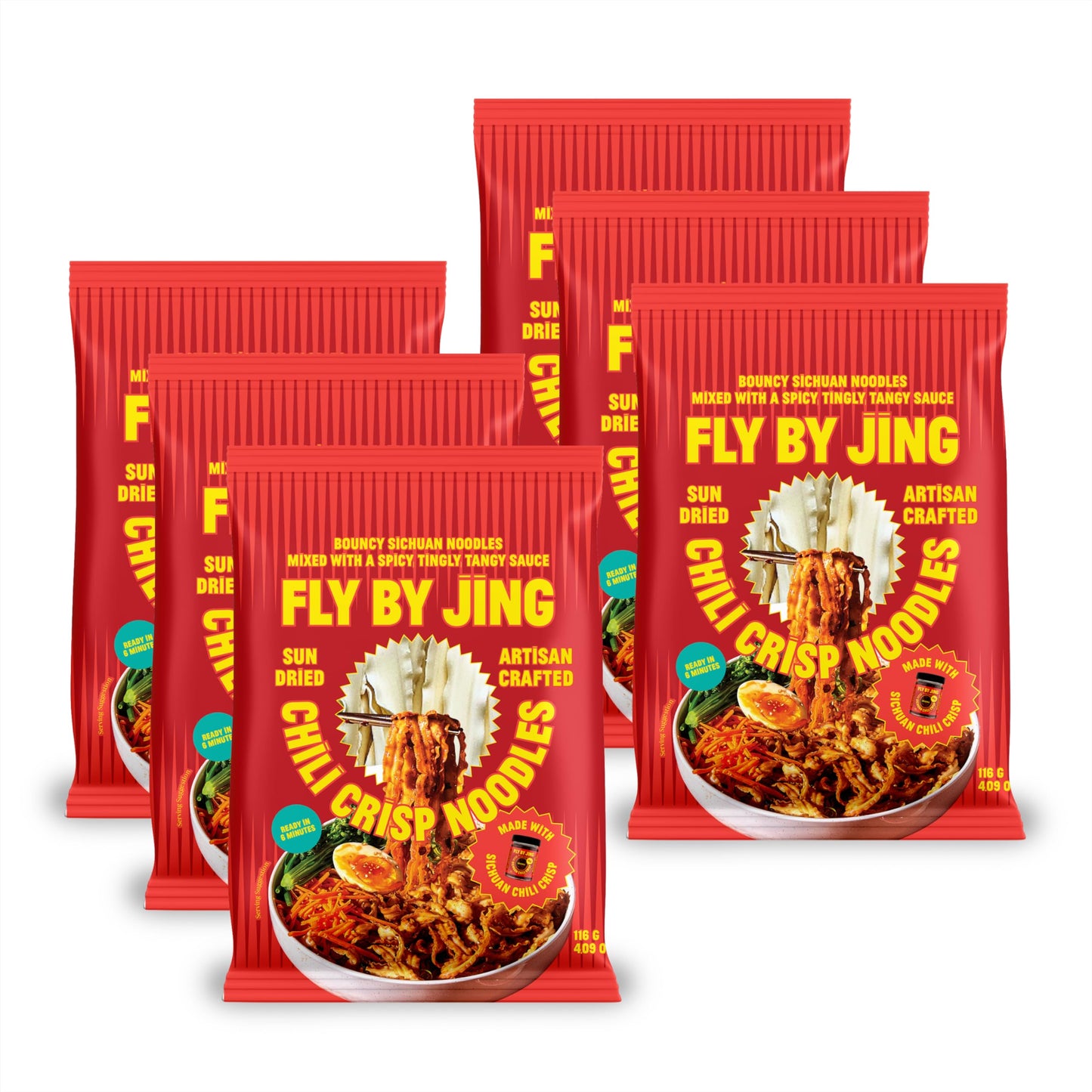 FLYBYJING Chili Crisp Noodles - Sun-Dried, Wavy Asian Instant Noodles Tossed in Sichuan Chili Crisp Sauce - Ready in 6 Minutes - Vegan, High Protein, No MSG, 4.02 oz (Pack of 6)