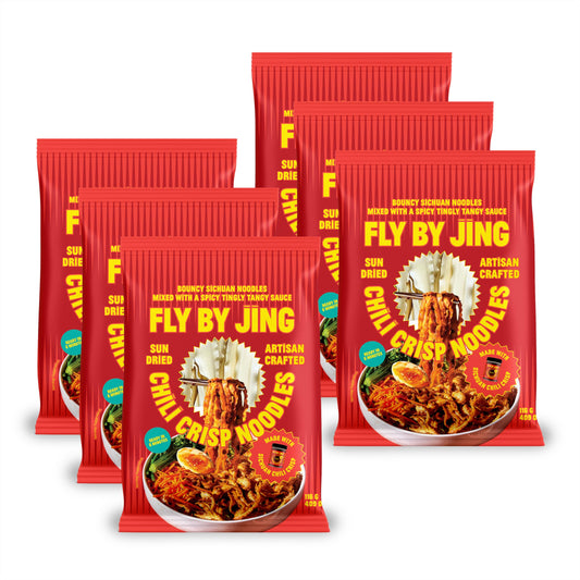 FLYBYJING Chili Crisp Noodles - Sun-Dried, Wavy Asian Instant Noodles Tossed in Sichuan Chili Crisp Sauce - Ready in 6 Minutes - Vegan, High Protein, No MSG, 4.02 oz (Pack of 6)