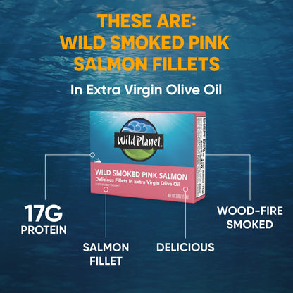 Wild Planet Wild Smoked Pink Salmon Fillets in Extra Virgin Olive Oil, Tinned Fish, Canned Salmon, Sustainably Wild-Caught, Non-GMO, Keto and Paleo, 3.9 oz, pack of 12