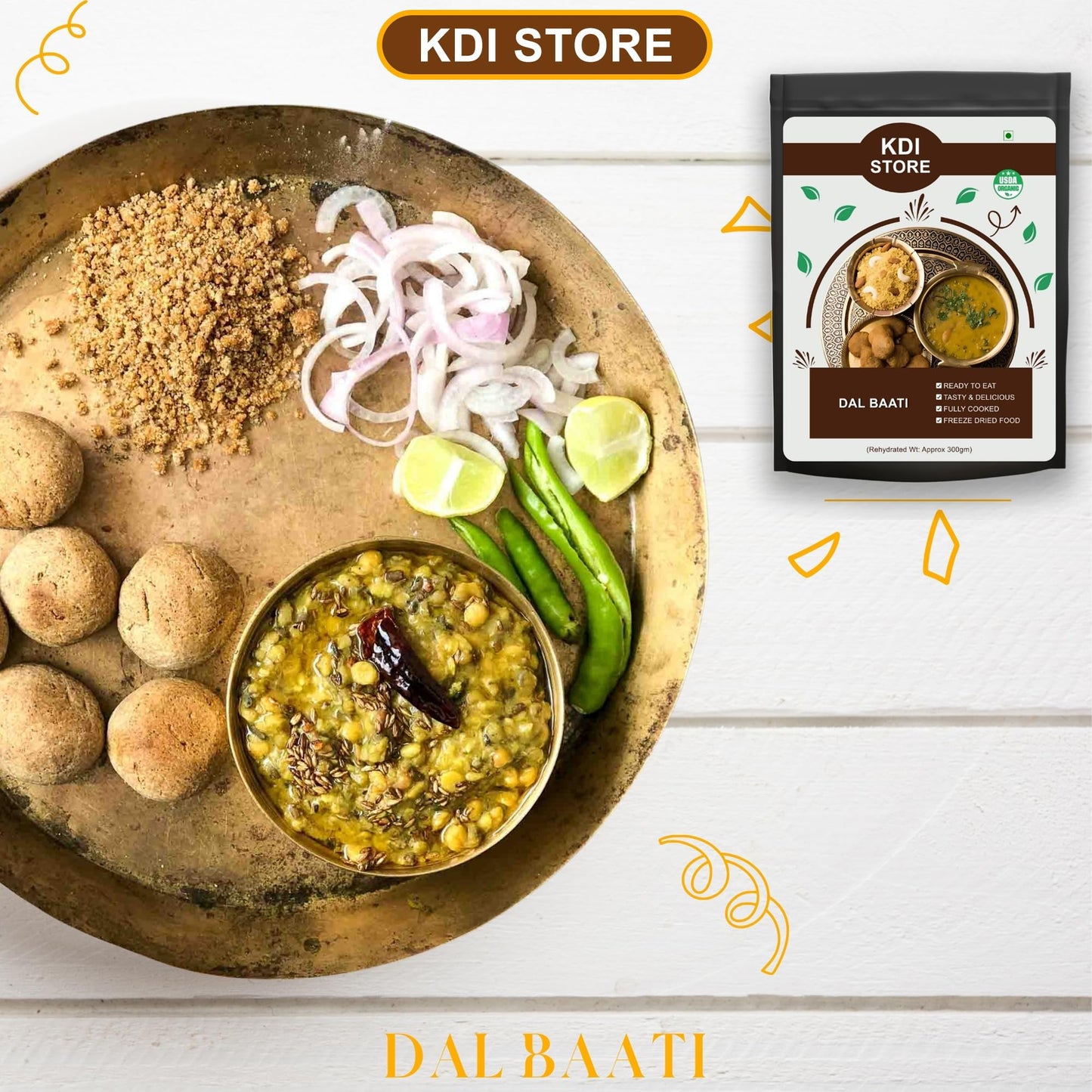 KDI Store Ready to Eat Dal Baati, Traditional Gujarati Lentil Curry with Wheat Balls, USDA Organic, Freeze Dried,120g