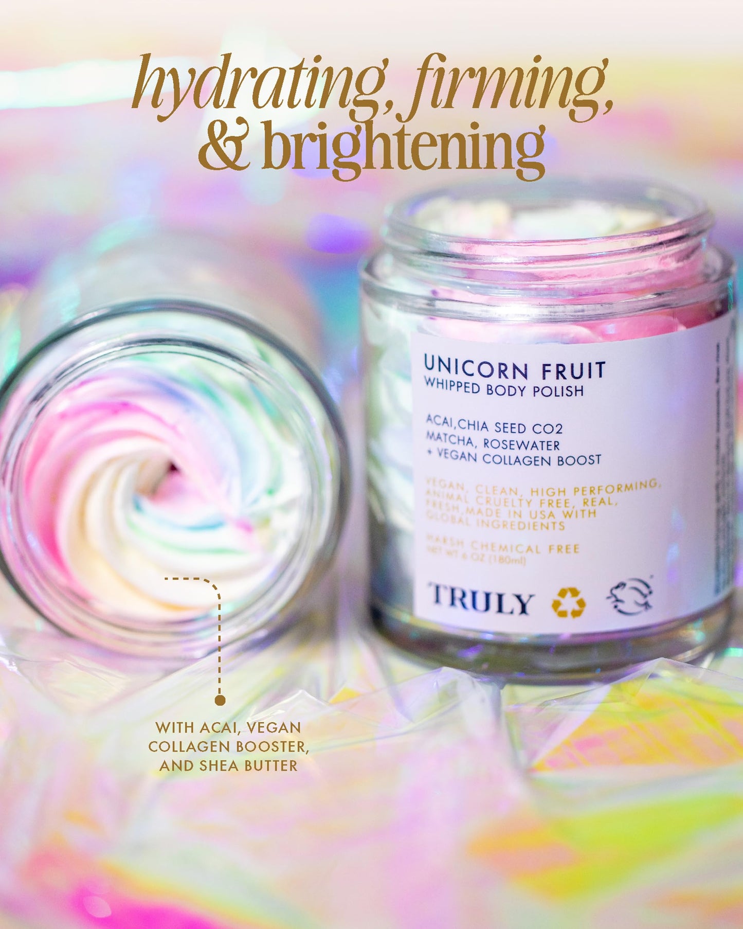 Truly Beauty Unicorn Whipped Body Polish with Chia, Acai and Rose - with Shea for Women, Body Butter Cream for Softer, Smoother and Glowing Skin - 2 Fl. Oz