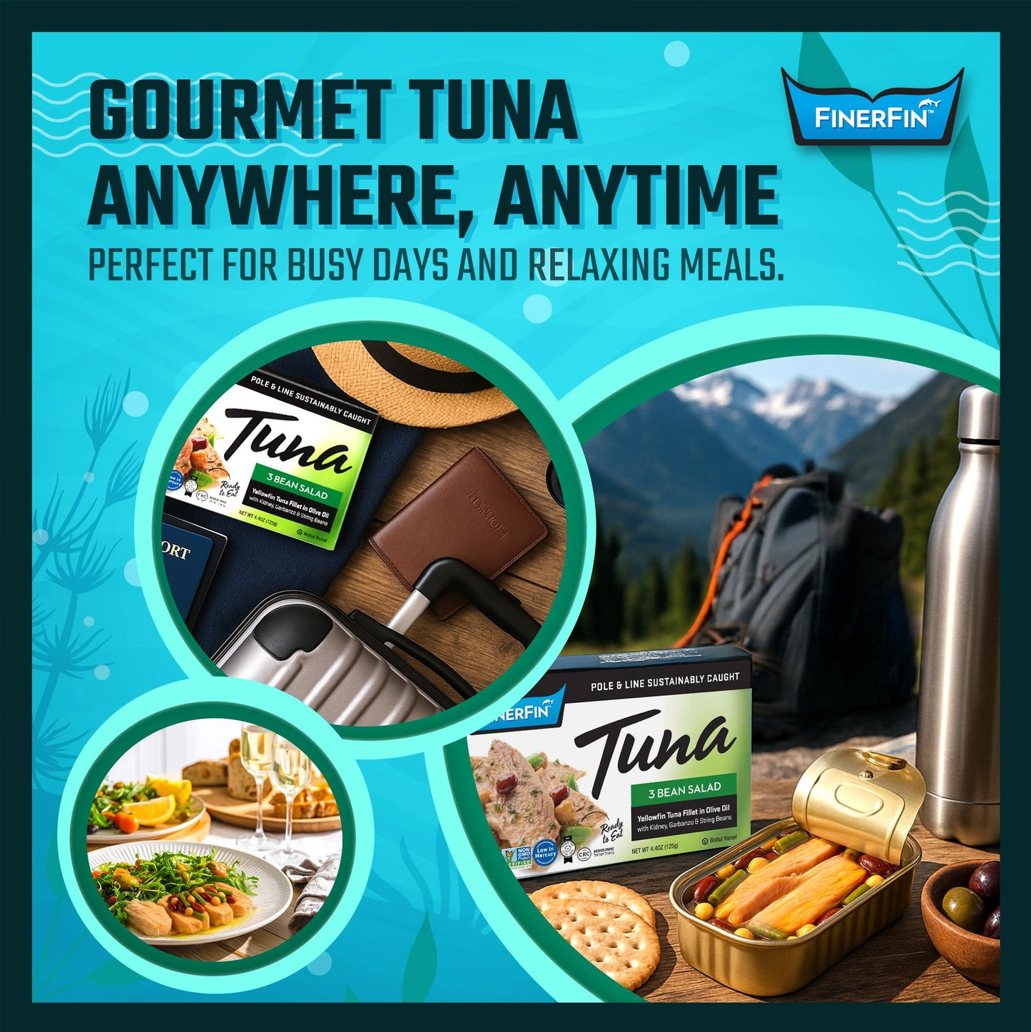FinerFin Yellowfin Tuna Fillets In Organic Olive Oil – 3 Bean Salad Flavor (4.4oz can - 2 Pack); Premium Canned Fish with EVOO, Gourmet Ready-to-Eat Fillets, Pole & Line Caught