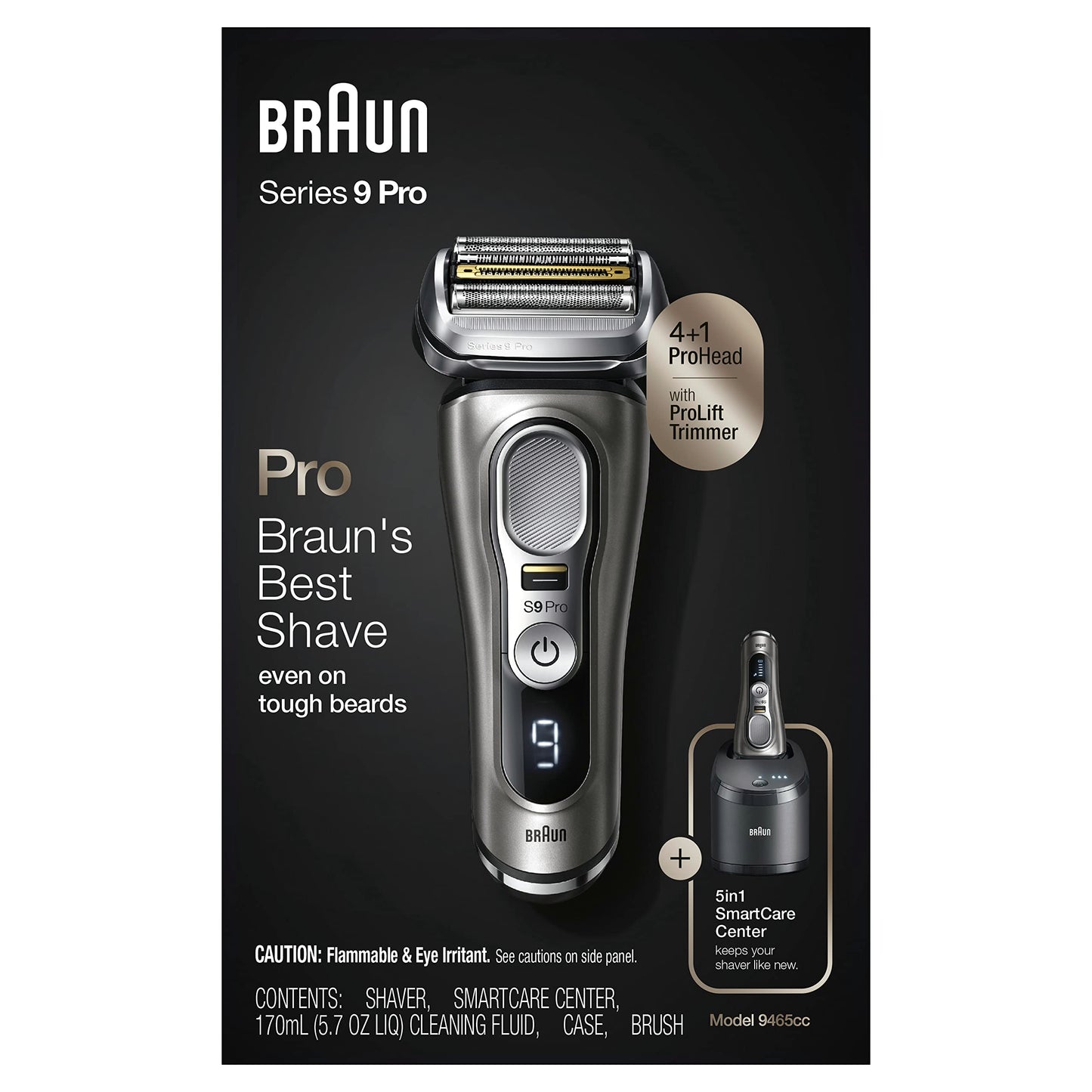 Braun Electric Razor for Men, Series 9 Pro 9465cc Wet & Dry Electric Foil Shaver with ProLift Beard Trimmer, Cleaning & Charging SmartCare Center, Head Shavers for Bald Men, Noble Metal