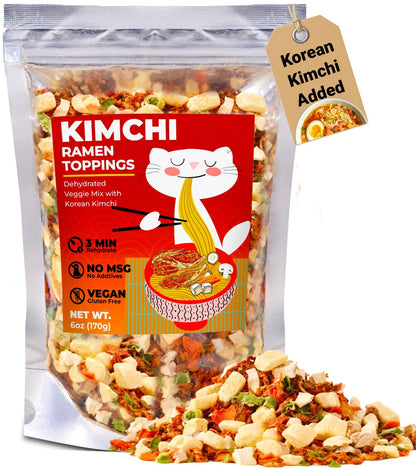 Dried Kimchi Ramen Toppings 6oz - 5 Ingredients Korean-Style Dehydrated Vegetable Mix, Vegan, No MSG, Preservative Free, Dried Vegetables for Instant Ramen Noodles, Soup (170g)