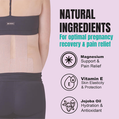 Heali Bump Kinesiology Tape, 15 Pre-Cut Wide Strips, Synthetic Silk Belly Tape, Magnesium, Vitamin E, Jojoba Oil, Infused for Flexibility, Skin Elasticity and Hydration, Pack of 1