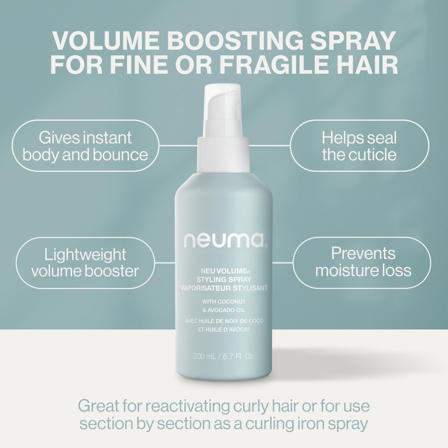 Neuma Neu Volume Styling Hair Spray 6.7 Fl. Oz. Heat Protectant Volumizing Spray with Fennel, Ylang Ylang, Patchouli, and Vanilla Scent, Hair Volumizer for Fine Hair