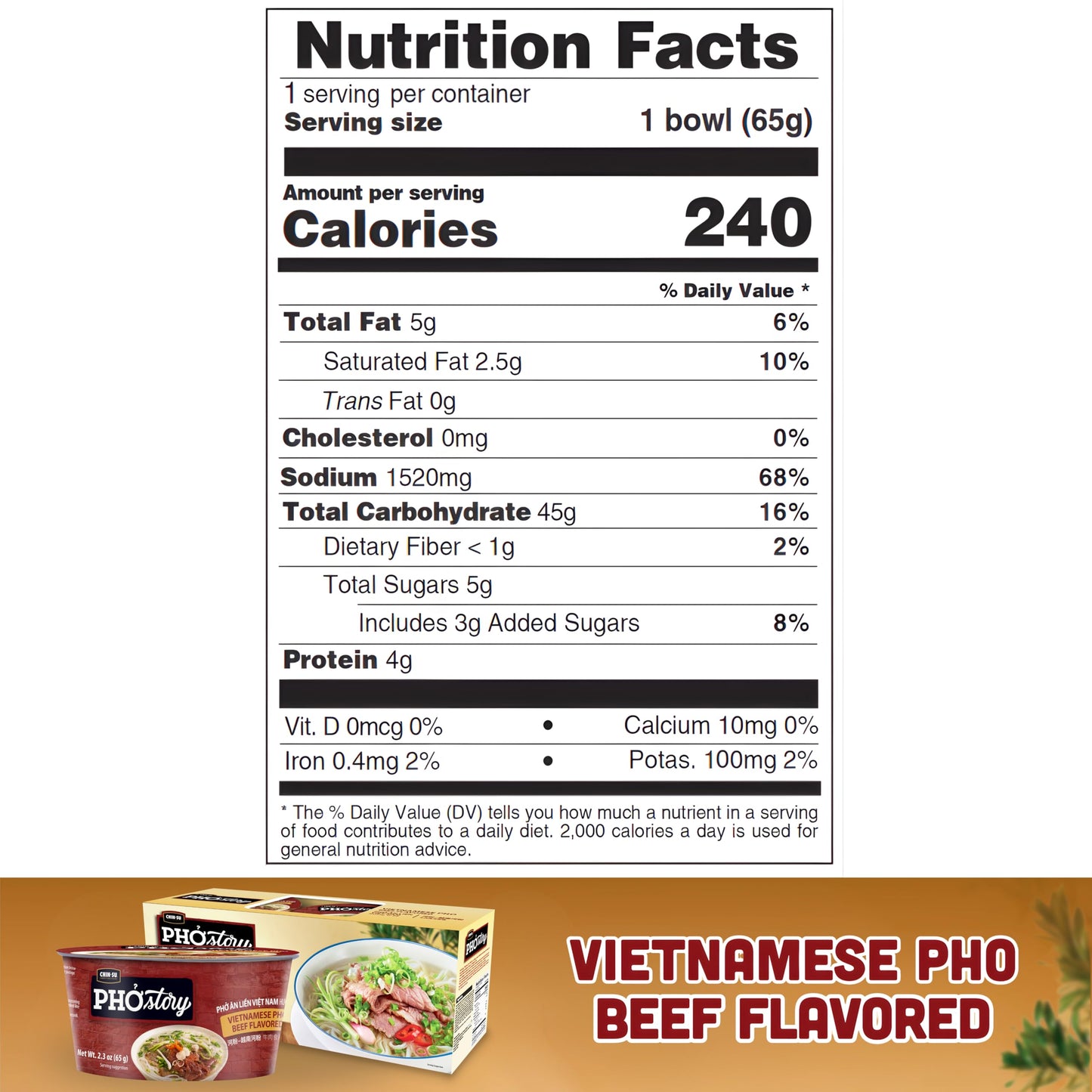 Chin-Su Pho Story Vietnamese Beef Flavored Instant Noodle Bowl, 2.3 oz, Ready to Cook