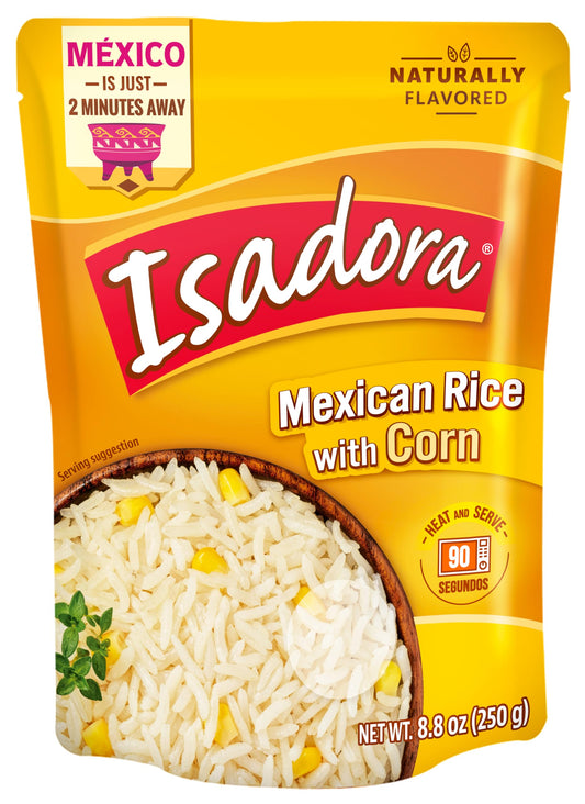 Isadora Pre-Cooked Microwave Mexican Rice with Corn, Ready-to-Eat, No Refrigeration, Heat and Eat Flavored Rice, Non_GMO, Mexican Food, 8.8 oz, 1 Pack