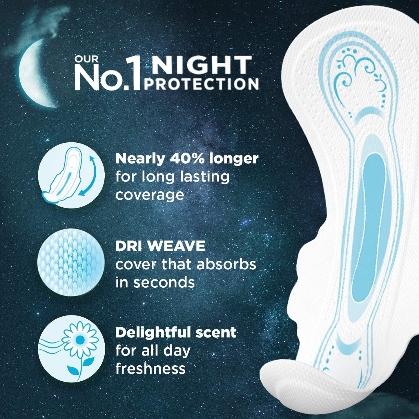Whisper Bindazzz Nights Sanitary Pads, 40 Xl+ Pads, Upto 0% Leaks All Night Long, For Heavy Flow, 40% Longer & Wider Back, Comfortable Cushiony Soft Wings, Disposable Wrapper