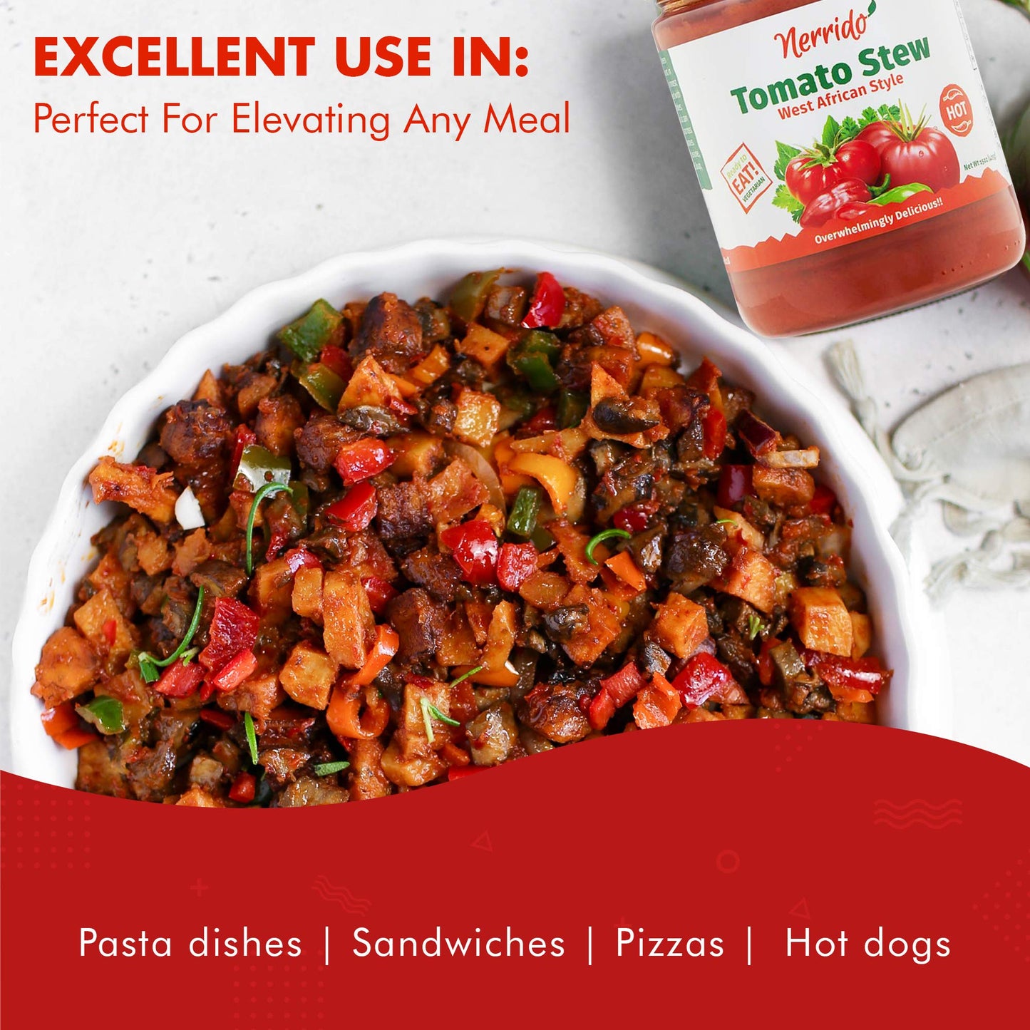 Nerrido Canned Tomato Stew & Jollof Rice Red Sauce, African Style Hot Pasta Sauce with Vegetables and Spices 16oz (454g) (Hot, 1 Pack)