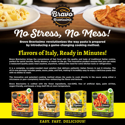 Bravo Bravissimo Rigatoni Italian Pasta Meal - Gourmet, 100% Vegetarian, Cacio & Pepe Sauce Flavor, Microwaveable, Ready in Minutes, No Refrigeration, Perfect for Quick Meals - 14.64 oz, 6 Pack