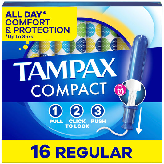 Tampax Compact Pearl Tampons, with LeakGuard Braid & Extendable Applicator, Regular Absorbency, Compact Extendable Applicator, Unscented, 16 Count (Packaging May Vary)