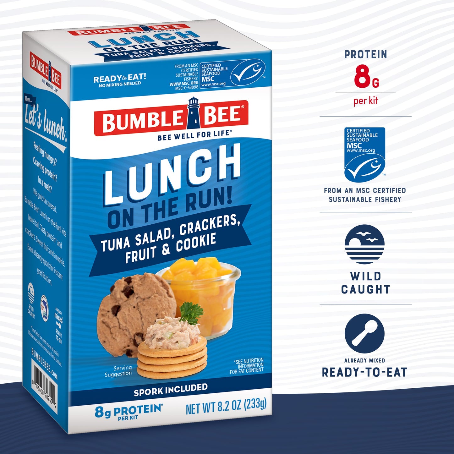 Bumble Bee Lunch On The Run Tuna Salad with Crackers Kit, 8.2 oz (Pack of 4) - Ready to Eat, Includes Crackers, Cookie & Peaches - Wild Caught Tuna - Shelf Stable & Convenient Source of Protein, Easy Open Can