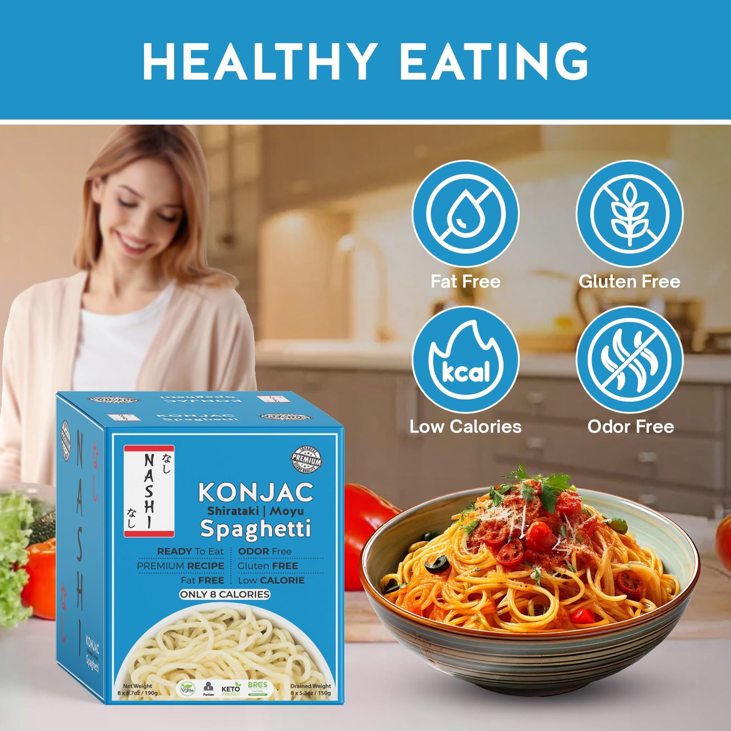 Nashi Shirataki Konjac Spaghetti (8x190g) – Glucomannan Premium Recipe, Keto-Friendly | Low-Calorie, Zero-Carb, Vegan & Gluten-Free, Odour-Free, High Fiber | Ready-to-Eat Food