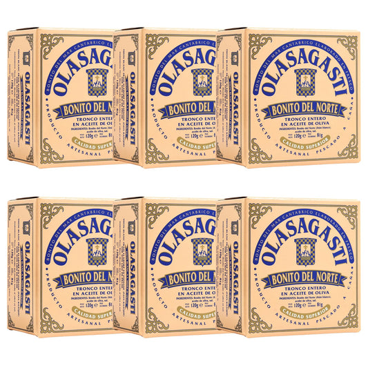 Olasagasti White Tuna in Olive Oil - Premium Wild Caught Bonito del Norte (Albacore Tuna) Imported from Spain, High in Protein and Omega 3-4.2oz Can (Pack of 6)