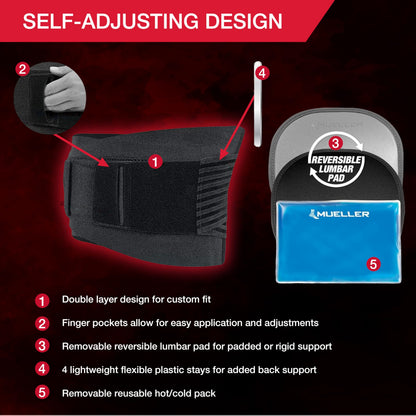 MUELLER Esports Medicine 4-in-1 Lumbar Back Brace with Hot/Cold Pack, Belt, Back Pain Relief Support for Men and Women, Ideal for Upper and Lower Back Pain, Sciatica, Black