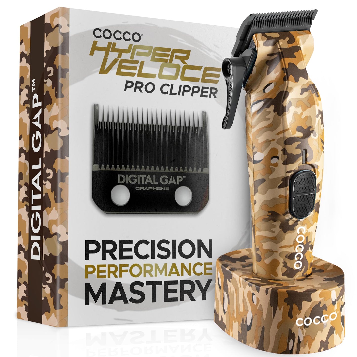 Cocco Hyper Veloce Pro Clipper, Digital Gap Ambassador Graphene Taper Blade Professional Hair Clippers, High-Torque BLDC Motor, All-Metal, Cordless, Charging Station Included (Camo)
