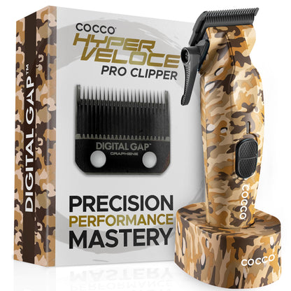 Cocco Hyper Veloce Pro Clipper, Digital Gap Ambassador Graphene Taper Blade Professional Hair Clippers, High-Torque BLDC Motor, All-Metal, Cordless, Charging Station Included (Camo)