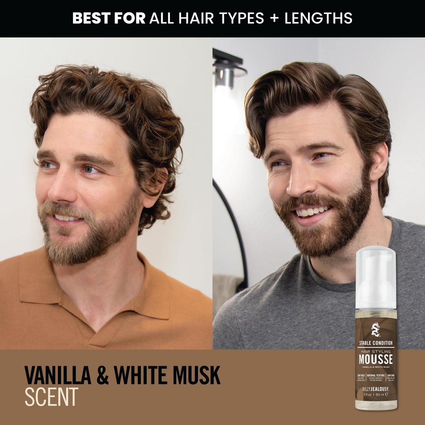 Billy Jealousy Stable Condition Hair Styling Mousse for Men – Light Hold for Body & Lift, Frizz Control – Hydrates with Sea Moss & Kelp, Travel Size, Silicone & Residue-Free, Vegan, Vanilla White Musk