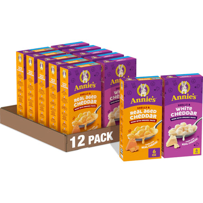 Annie's Organic Macaroni and Cheese Variety Pack, Shells & White Cheddar and Shells & Real Aged Cheddar, 6 oz (Pack of 12)