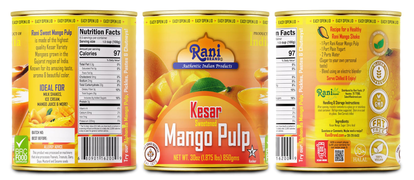 Rani Mango Pulp Puree (Makes Mango Lassi Shakes) Kesar Sweetened 30oz (1.875lbs) 850g Pack of 6 ~ Kosher | All Natural | NON-GMO | Vegan | No colors | Gluten Friendly | Indian Origin