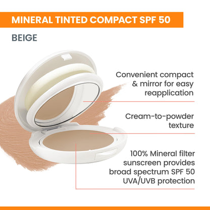 Avène High Protection Tinted Compact, Mineral Sunscreen, Tinted Sunscreen, Broad Spectrum SPF 50+, UVA/UVB Blue Light Protection, 100% Mineral, Water Resistant, Non-Greasy, Fragrance-Free