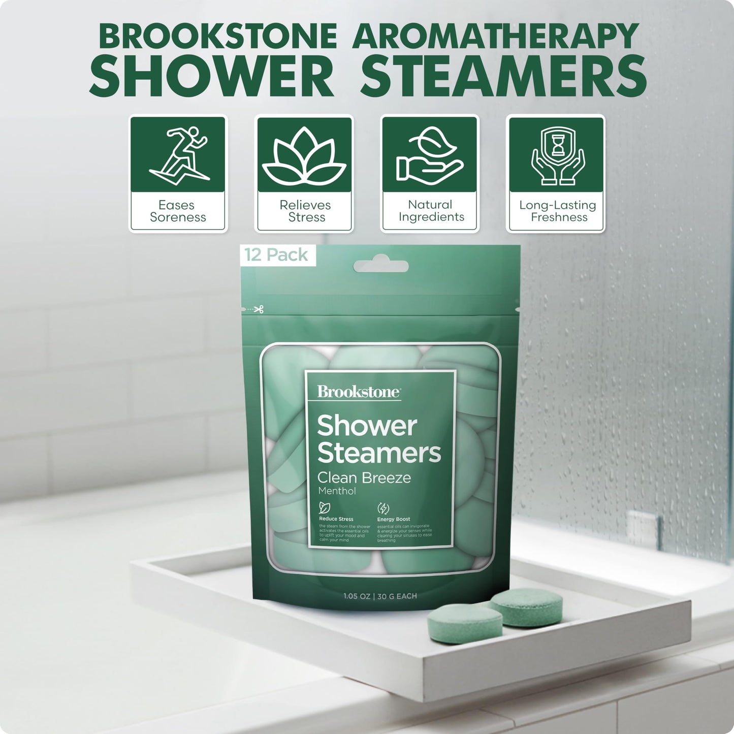 Brookstone Shower Steamers Aromatherapy 12 Tablets - Christmas Stocking Stuffers for Men, Birthday Gifts for Women, Green Elephant, Relaxation, Self Care - Shower Steamers Clean Breeze