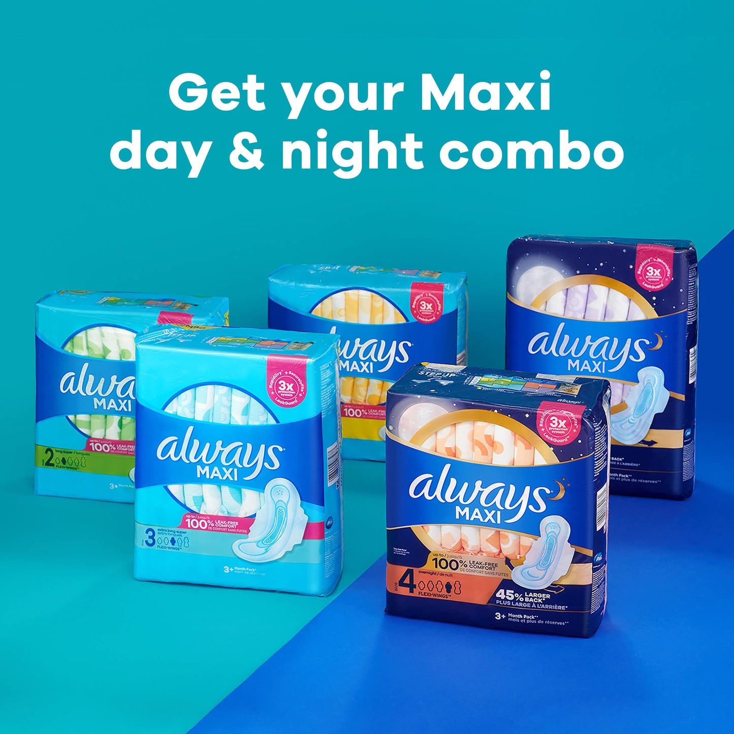 Always Maxi Feminine Pads for Women, Size 2 Long Super Absorbency, with Wings, Unscented, 60 Count (Pack of 2)