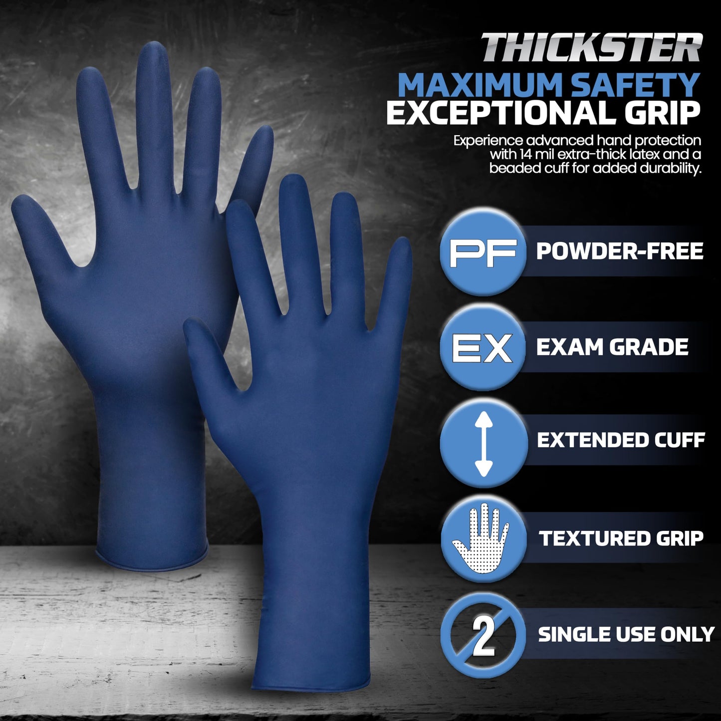 SAS Thickster Powder-Free Exam Grade Latex Disposable Gloves - 10 Boxes / 50 Ea. 500 Gloves Total. 14 Mil, Large, Blue. Fully Textured. 12" Length. Disposable Gloves. Puncture Resistant (6603-20)