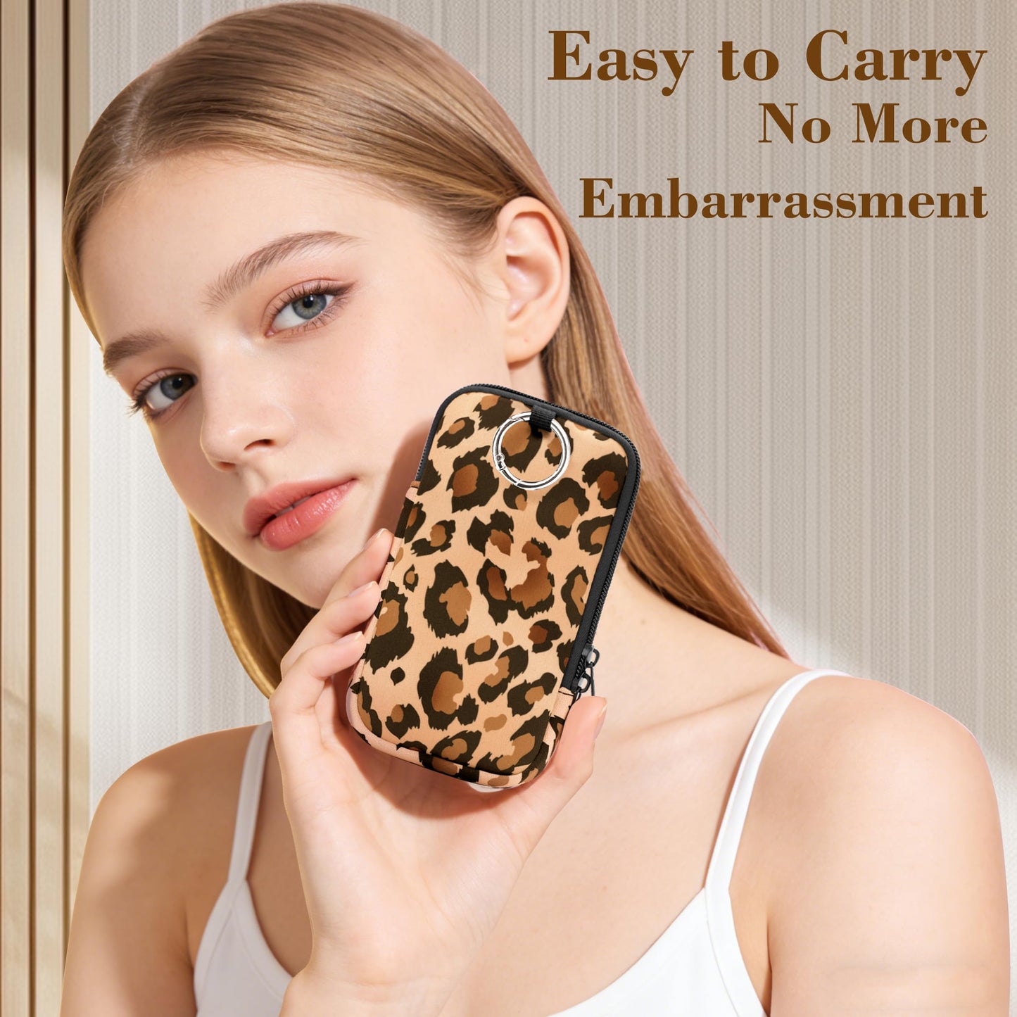 2 Pack Portable Tampon Holder Zippered Pouch with Snap Hook, Waterproof Travel-Friendly Discreet Period Bag, Feminine Products Organizer for Women Purse (Leopard)
