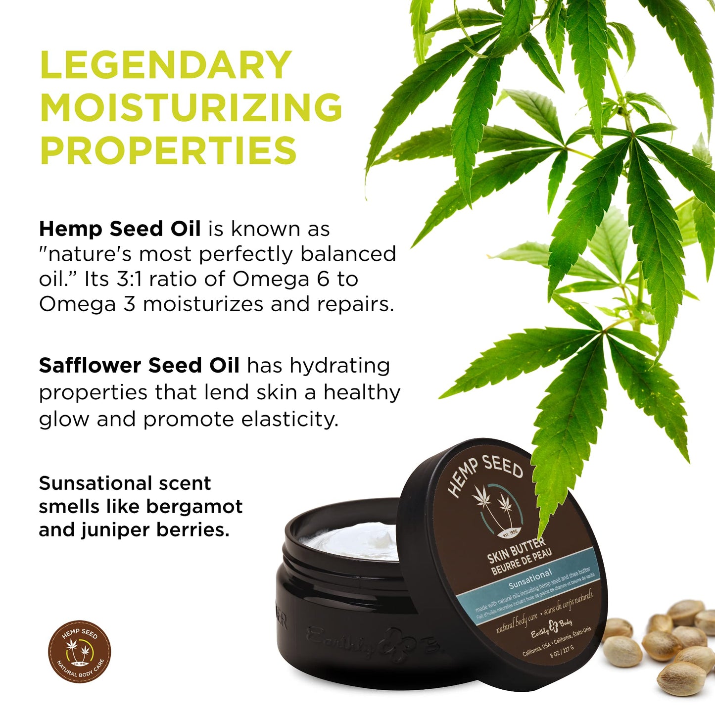 Hemp Seed Skin Butter, Sunsational - 8 oz. - Total Body Moisturizer - Hemp Seed Oil, Jojoba Oil, Shea Butter - Vegan & Cruelty Free