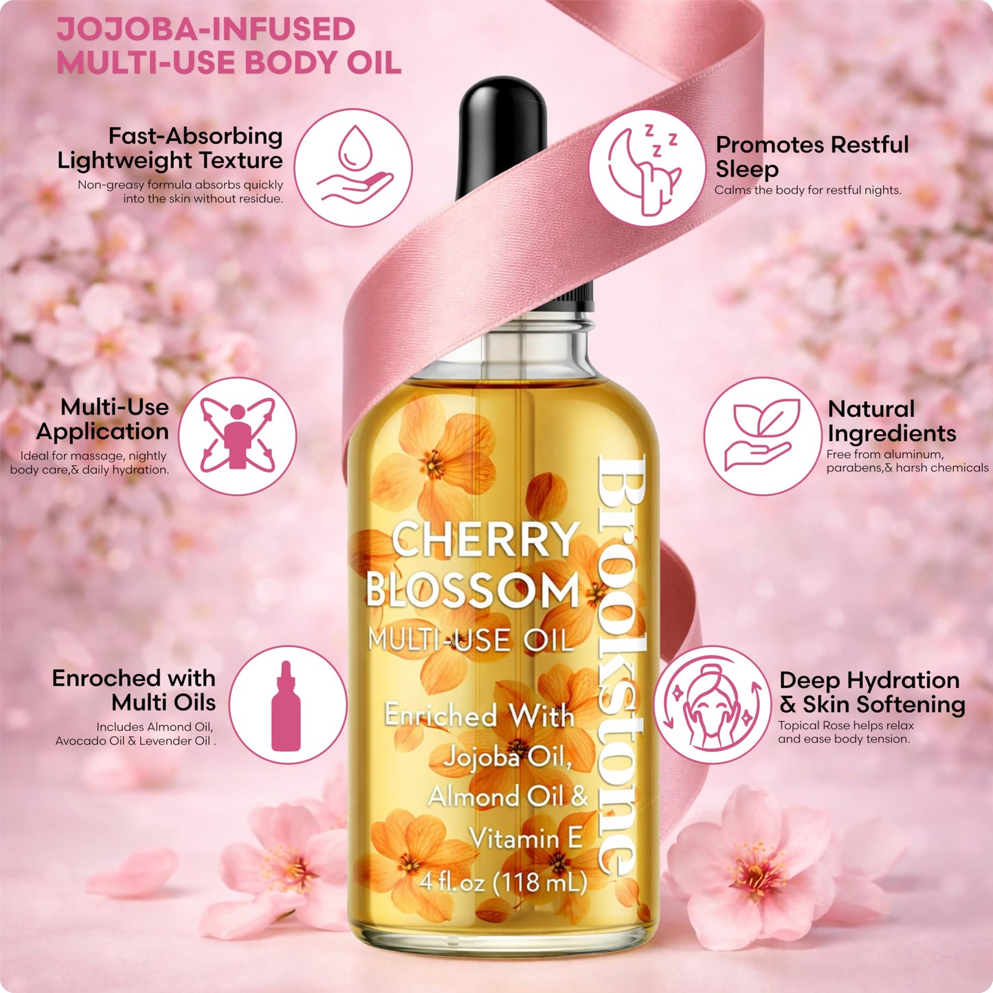 Brookstone Cherry Blossom Multi-Use Essential Oil - Light Floral Fragrance - Skin & Hair Nourishment