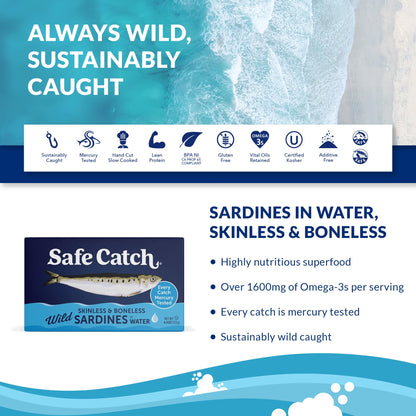 Safe Catch Wild Sardines in Water Skinless Boneless Wild-Caught Sardine Fillets Lowest Mercury Limit, Keto Food Kosher Non-GMO Sardines Pack of 12, 4.4oz Tins