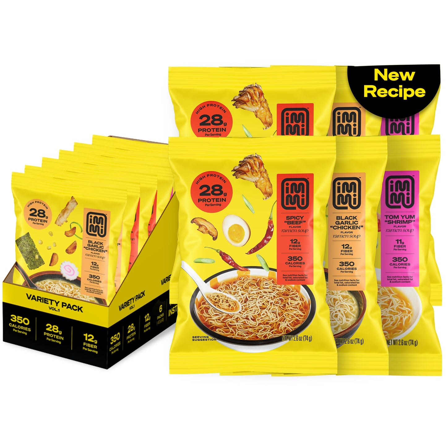 immi Variety Pack Ramen – Spicy “Beef,” Black Garlic “Chicken” & Tom Yum “Shrimp” – Vegan, High Protein Ramen Noodles – Low Carb, Zero Sugar – Healthy Keto-Friendly Ramen Bowls, 6-Pack