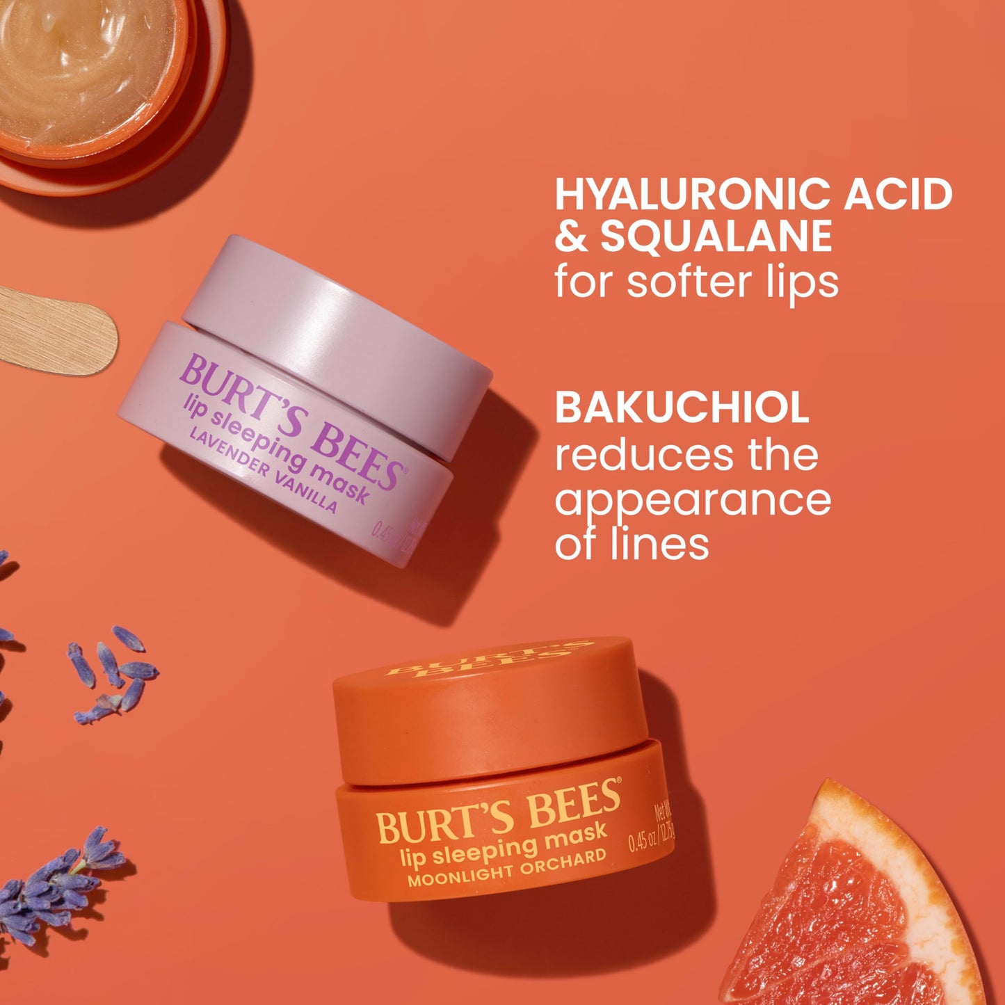 Burt’s Bees Lavender Vanilla Lip Sleeping Mask, With Hyaluronic Acid and Squalane Moisturizer To Instantly Hydrate Lips, Overnight Mask and Treatment, 0.45 oz.
