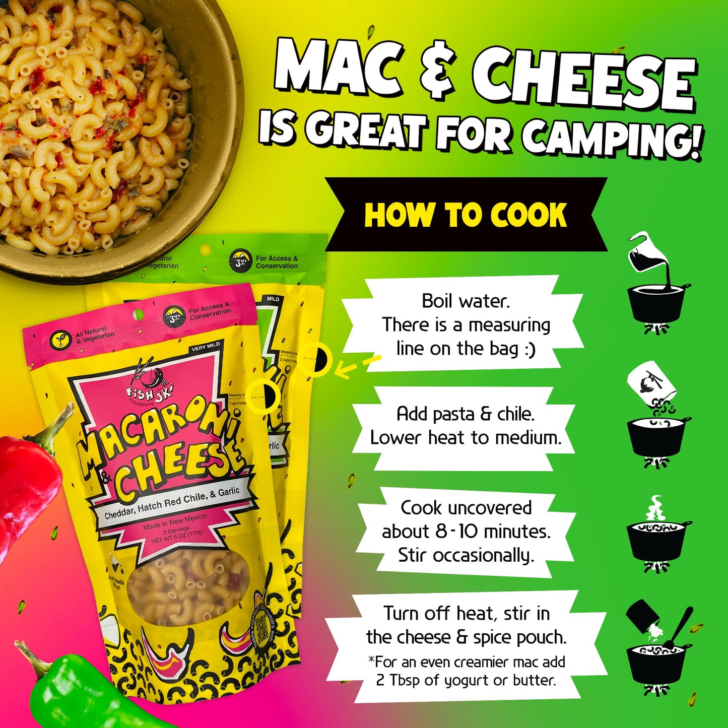 FishSki Provisions Hatch Chile Grits, Mac and Cheese - Just Add Water - Multi Recipe Pack (6 x 6oz Packs)