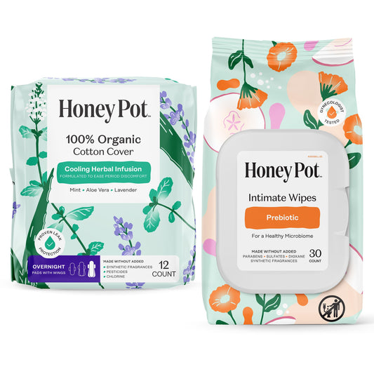 The Honey Pot Company - Overnight Pads & Prebiotic Feminine Wipes Bundle - Herbal Infused w/Essential Oils - Natural Hygiene Feminine Products - Sanitary Pads - Feminine Care