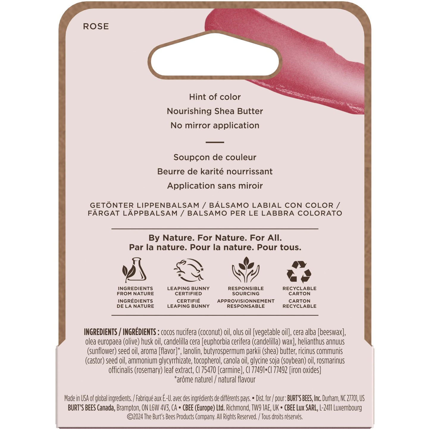 Burt's Bees Lip Tint Balm, Long Lasting 2 in 1 Duo Tinted Balm Formula, Color Infused with Hydrating Shea Butter for a Natural Looking Buildable Finish, Rose, 1 Tube