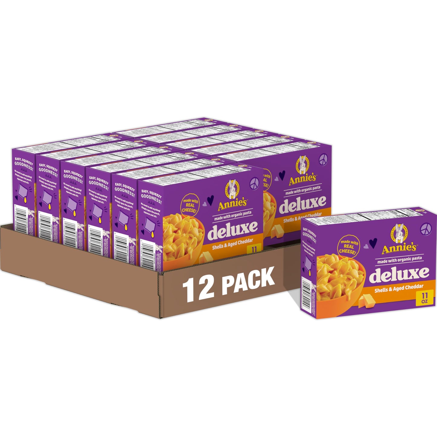 Annie's Deluxe Shells and Aged Cheddar, Pasta and Cheese Sauce, Mac and Cheese Made with Organic Pasta, Dinner Side or Snacks, 11 oz (Pack of 12)