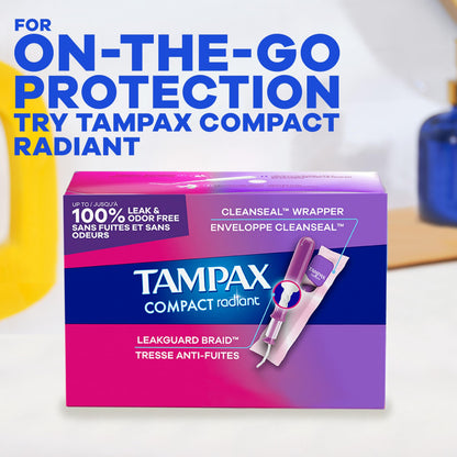 Tampax Radiant Tampons, with LeakGuard Braid, Super Plus Absorbency, Unscented, 28 Count