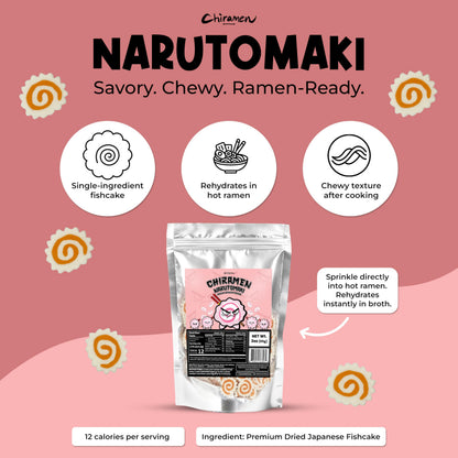 CHIRAMEN Dried Narutomaki Fish Cake Ramen Toppings – Classic Japanese Fish Cake Slices with Pink Swirl – Instant Noodle Topping for Ramen Bowls, Cup Noodles, Udon & Soup Garnish