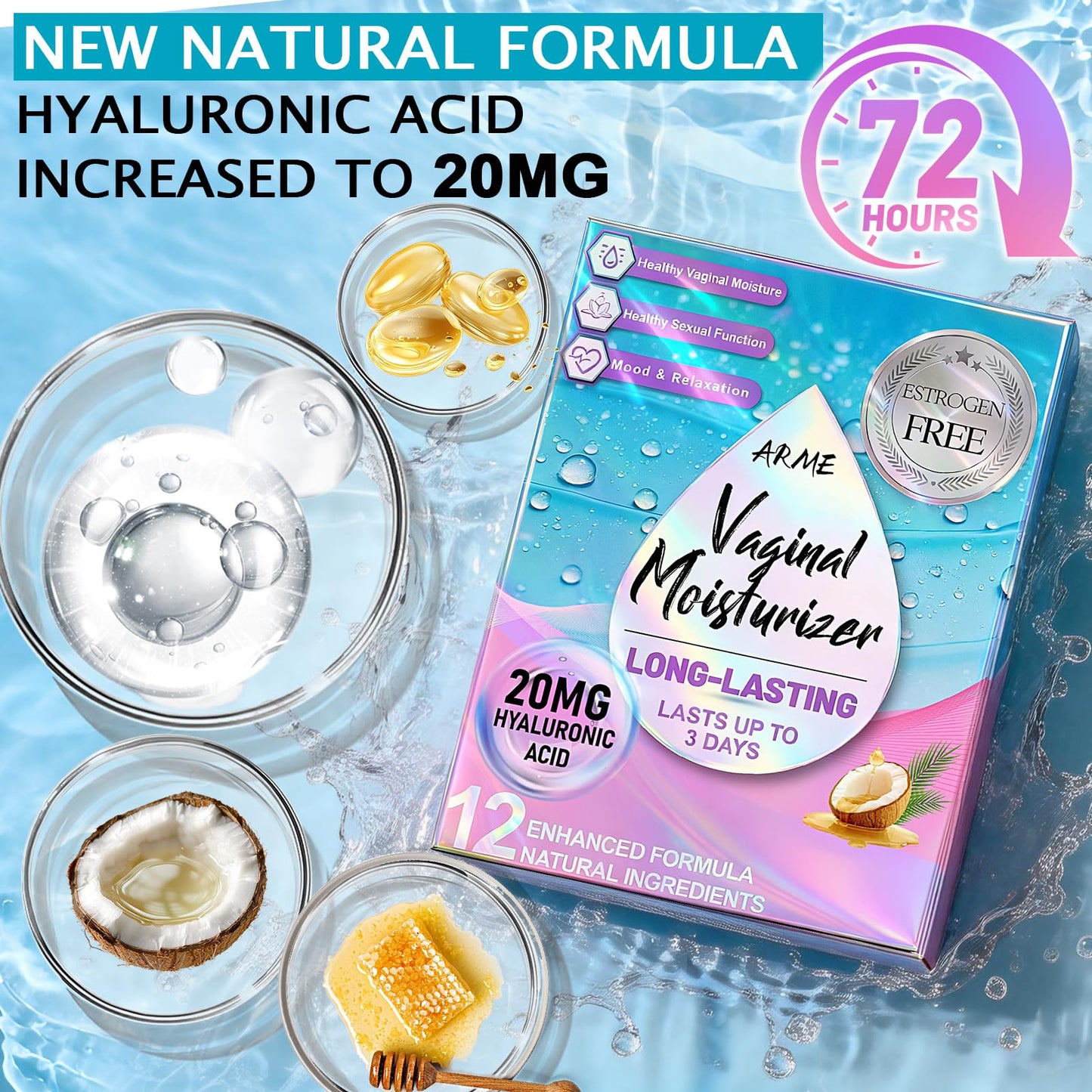 ARME 20MG Hyaluronic Acid Vaginal Moisturizers Suppositories + Coconut Oil&VE 72-Hour for Vaginal Dryness from Menopause, Surgery Hormone-Free Best Vaginal Dryness Products 1-Month Supply (12 Inserts)
