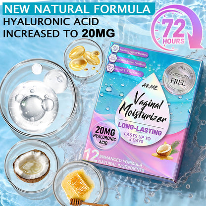 ARME 20MG Hyaluronic Acid Vaginal Moisturizers Suppositories + Coconut Oil&VE 72-Hour for Vaginal Dryness from Menopause, Surgery Hormone-Free Best Vaginal Dryness Products 1-Month Supply (12 Inserts)