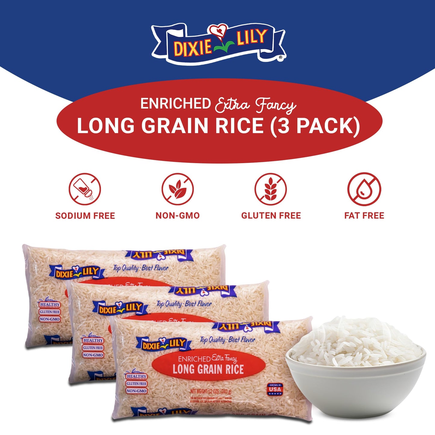 Dixie Lily Long Grain Extra Fancy White Rice - Enriched with Iron, Niacin, Thiamine, Folate, Fluffy & Tender - Stovetop & Microwave Cooking - 3 Pack