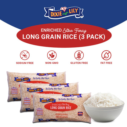 Dixie Lily Long Grain Extra Fancy White Rice - Enriched with Iron, Niacin, Thiamine, Folate, Fluffy & Tender - Stovetop & Microwave Cooking - 3 Pack