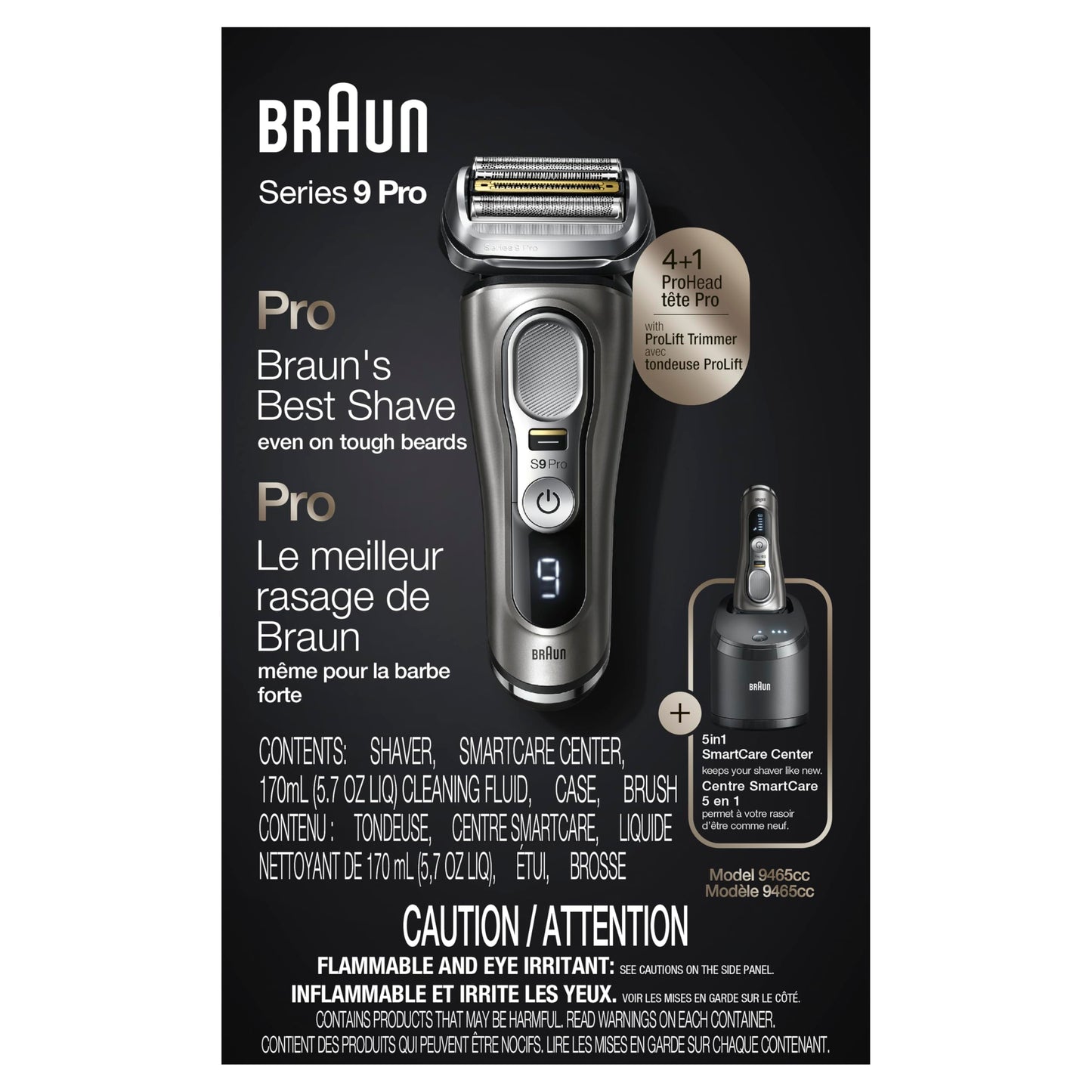 Braun Electric Razor for Men, Series 9 Pro 9465cc Wet & Dry Electric Foil Shaver with ProLift Beard Trimmer, Cleaning & Charging SmartCare Center, Head Shavers for Bald Men, Noble Metal