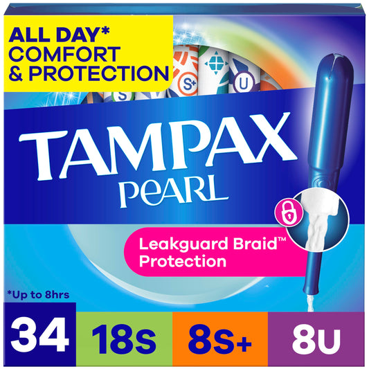 Tampax Pearl Tampons Trio Pack, Super/Super Plus/Ultra Absorbency with BPA-Free Plastic Applicator and LeakGuard Braid, Unscented, 34 Count