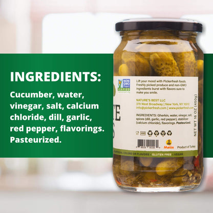 Pickerfresh Kosher Baby Dill Pickles, Petite Dills - Garlic, Dill & Red Pepper Cornichons - Simple Ingredients - Non-GMO, No Artificial Color & No Preservatives - 16 oz (3 Pack)