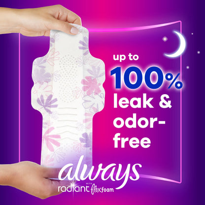 Always Radiant Feminine Pads for Women, Flexfoam Pads with Wings, Size 5, Extra Heavy Overnight Absorbency, Lightly Scented, 26 Count