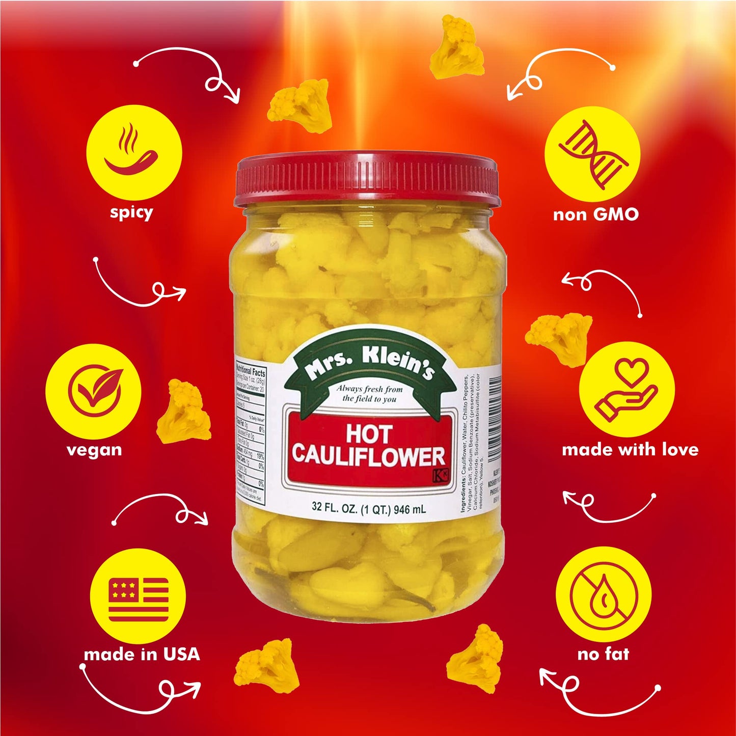 Mrs Kleins Cauliflower Bites | Hot & Spicy cauliflower florets | Unique salad toppings | Low Carb Snack | Vegan snack | Kosher, Keto Friendly & Gluten Free | Spicy Pickled Vegetables Made with Natural Ingredients | Made in the USA